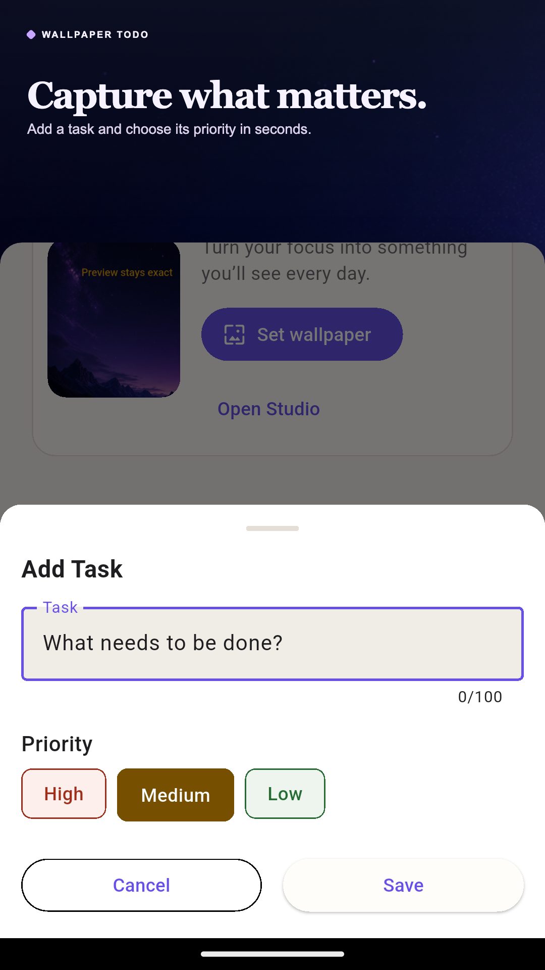 Add Task sheet with title and priority choices