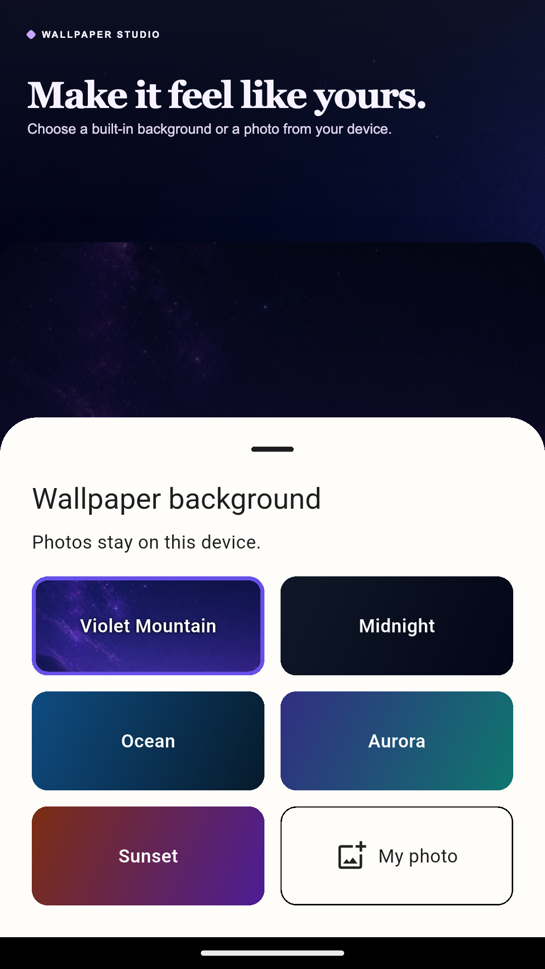 Wallpaper background chooser with presets and a photo option