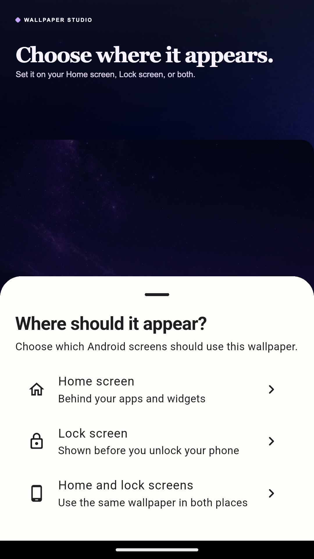 Android wallpaper destination choices for Home, Lock, or both