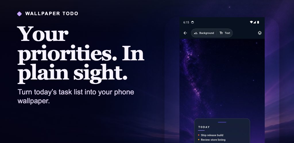 Wallpaper Todo Studio preview with a task list over a violet night-sky wallpaper